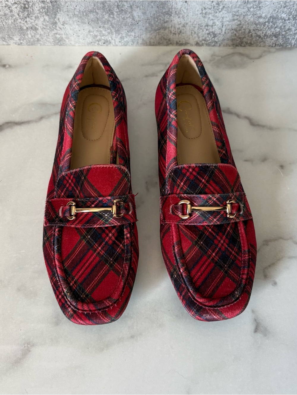 Red Tartan Plaid Horsebit Loafers Size 10 C Comfort